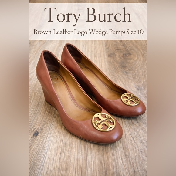 Tory Burch Shoes - Tory Burch Brown Leather Logo Wedge Pumps Size 10